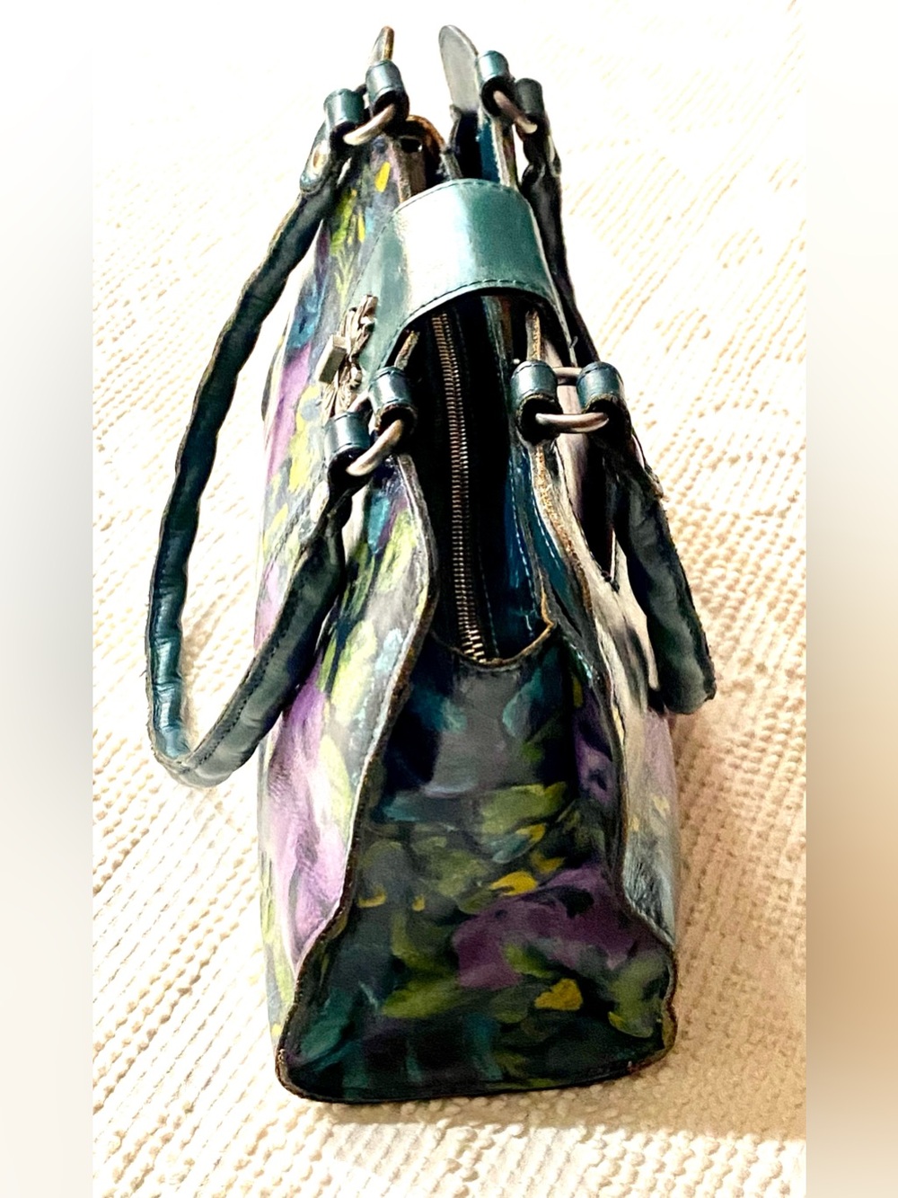 Patricia Nash Leather Satchel Purse Deep Blue Nature Floral Printed Accents - Picture 4 of 16